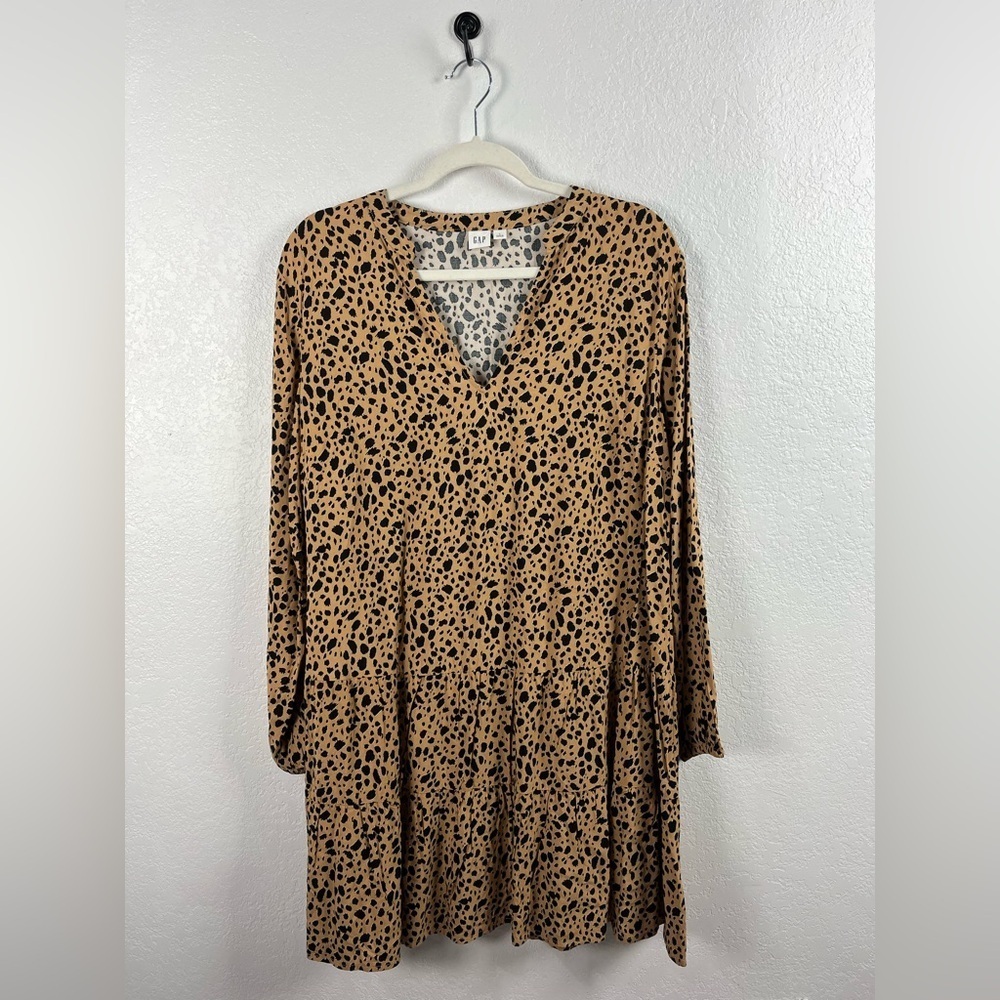GAP Leopard Animal Print Tiered Swing Dress Sz L Mob Wife Long Sleeve TC0634